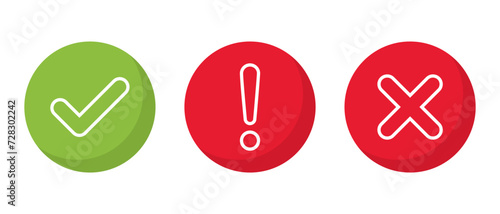 Check mark, exclamation and x cross mark line icon vector. Checkmark, warning, and x letter sign symbol on circle background