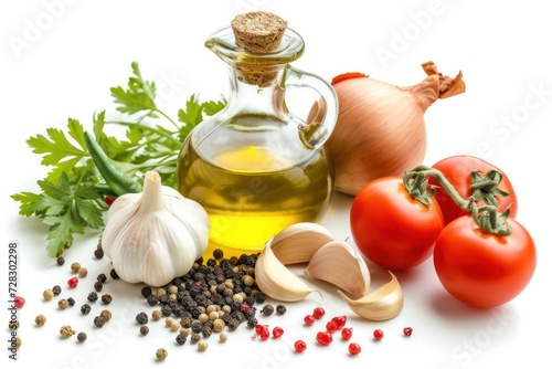 Vegan ingredients for seasoning: Olive oil bottle surrounded by a spanish onion, a chili pepper, two garlic cloves, some peppercorns, some coriander leaves 