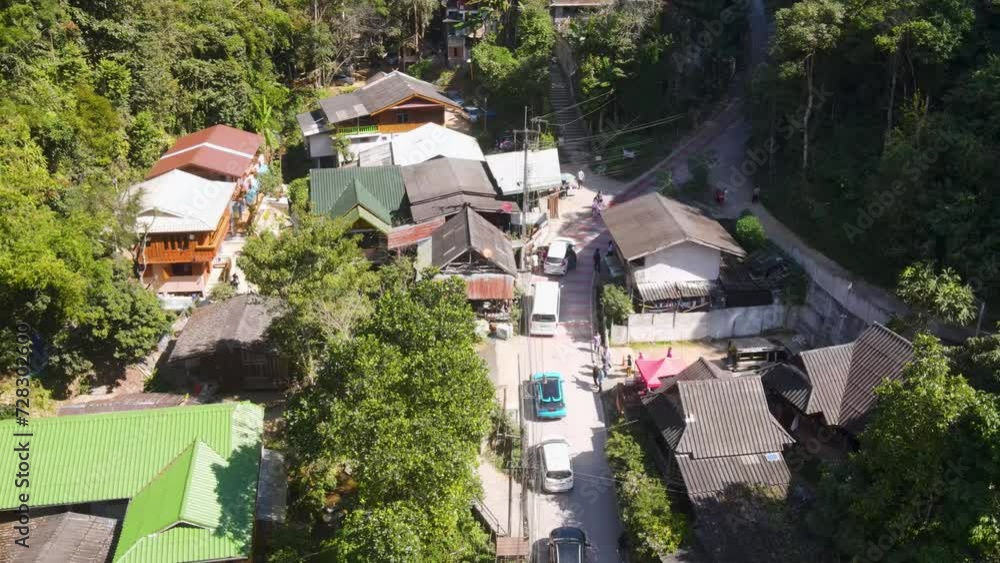 Aerial Flying Over Mae Kampong Village Rooftop Located At Chiang Mai Province. Pull Back Shot Aerial Flying Over Mae Kampong Village Rooftop Located At Chiang Mai Province. Pull Back Shot