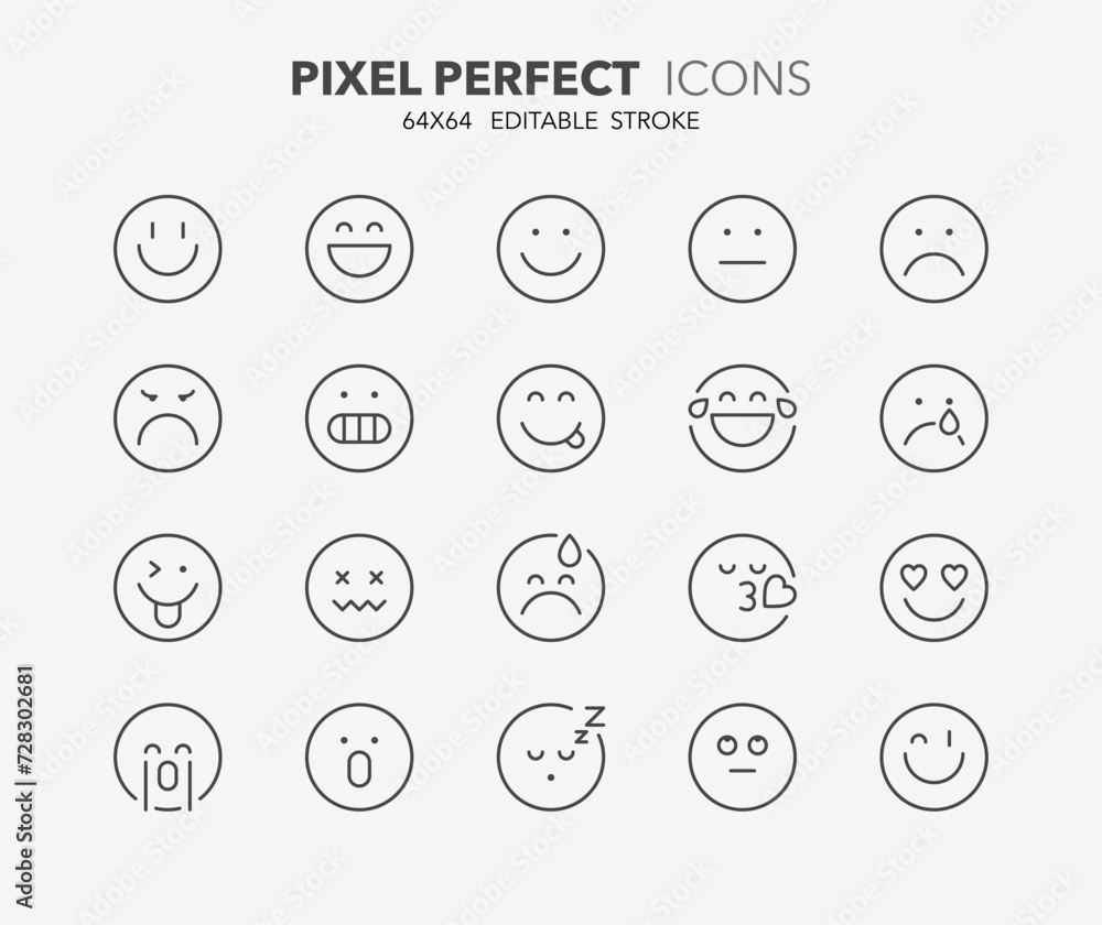 Line icons about emojis. Outline symbol collection. Editable vector stroke. 64x64 Pixel Perfect. Line icons about emojis. Outline symbol collection. Editable vector stroke. 64x64 Pixel Perfect.