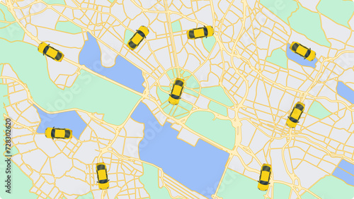 City map with taxi cars for smartphone ,  mobile app. Concept of location and GPS service, pick up taxi cab, app on smart devices. Vector illustration in flat style
