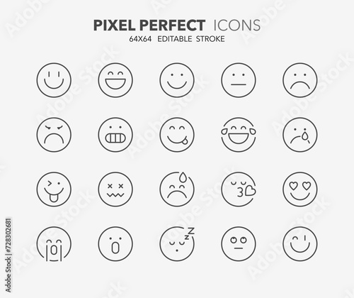 Line icons about emojis. Outline symbol collection. Editable vector stroke. 64x64 Pixel Perfect.