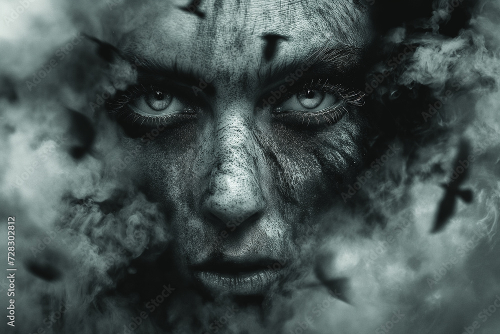 Mystical Gaze: Woman's Face, Clear Eyes, Smudged with Coal Dust, Shrouded by Flying Ravens in Smoke