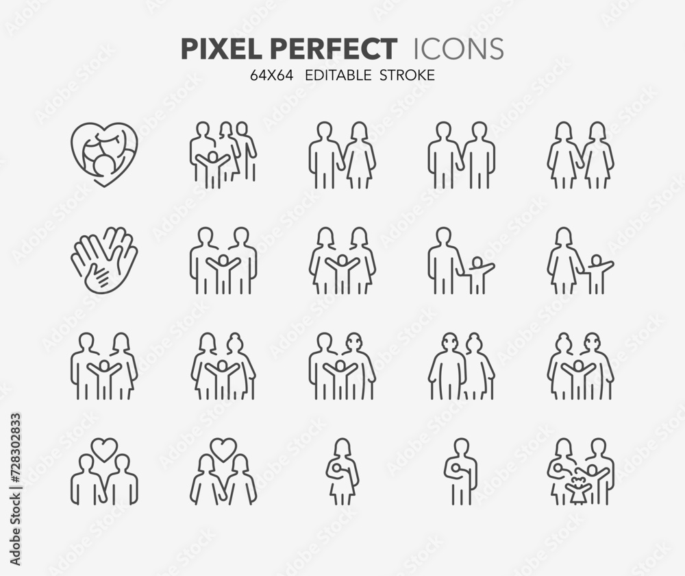 Line icons about types of family structures. Outline symbol collection. Editable vector stroke. 64x64 Pixel Perfect.