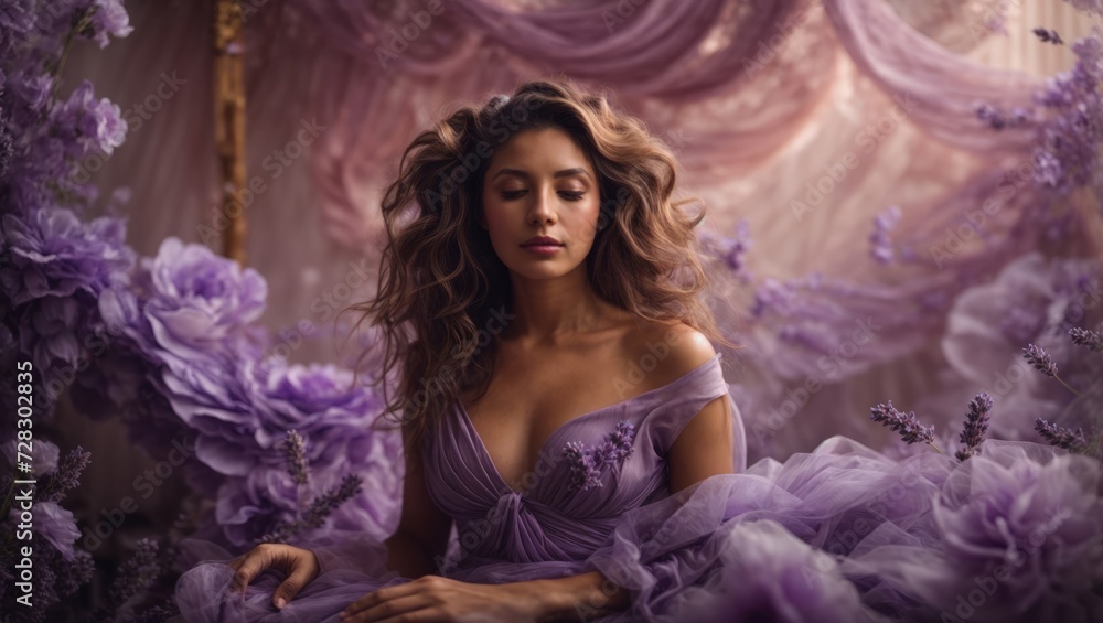 Beautiful young woman with long curly hair in a lilac dress Beautiful young woman with long curly hair in a lilac dress