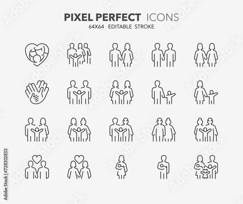 Line icons about types of family structures. Outline symbol collection. Editable vector stroke. 64x64 Pixel Perfect.
