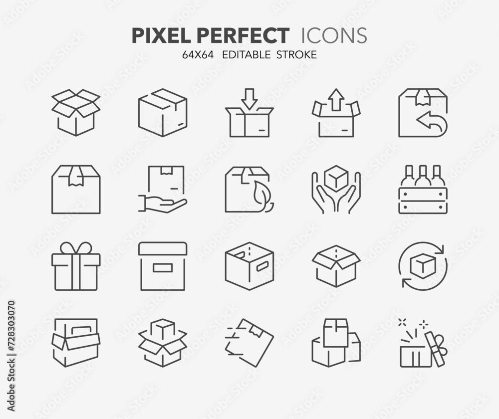 Line icons about delivery boxes and package. Outline symbol collection. Editable vector stroke. 64x64 Pixel Perfect.