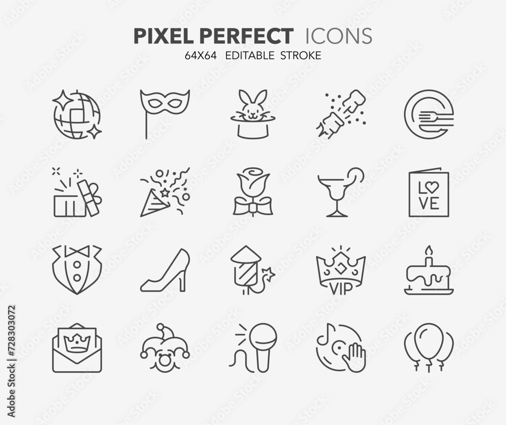 Fototapeta premium Line icons about party. Outline symbol collection. Editable vector stroke. 64x64 Pixel Perfect.