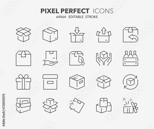 Line icons about delivery boxes and package. Outline symbol collection. Editable vector stroke. 64x64 Pixel Perfect.