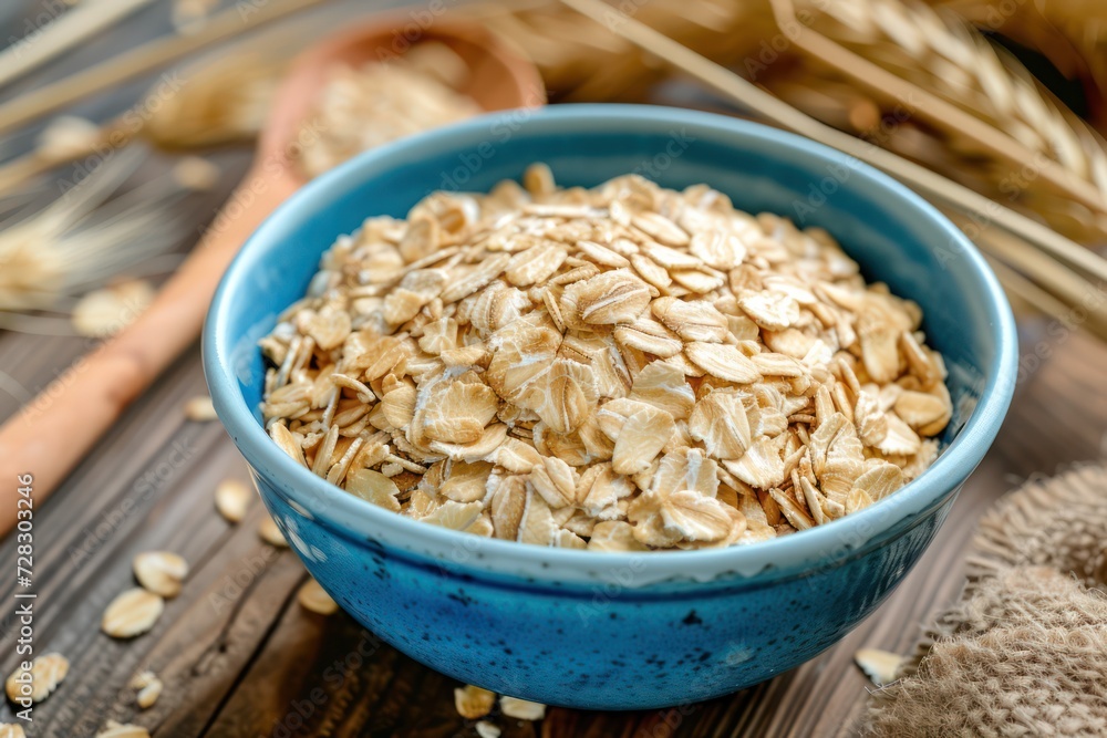 breakfast bowl full of oat flakes with a wooden spoon on wooden table breakfast bowl full of oat flakes with a wooden spoon on wooden table