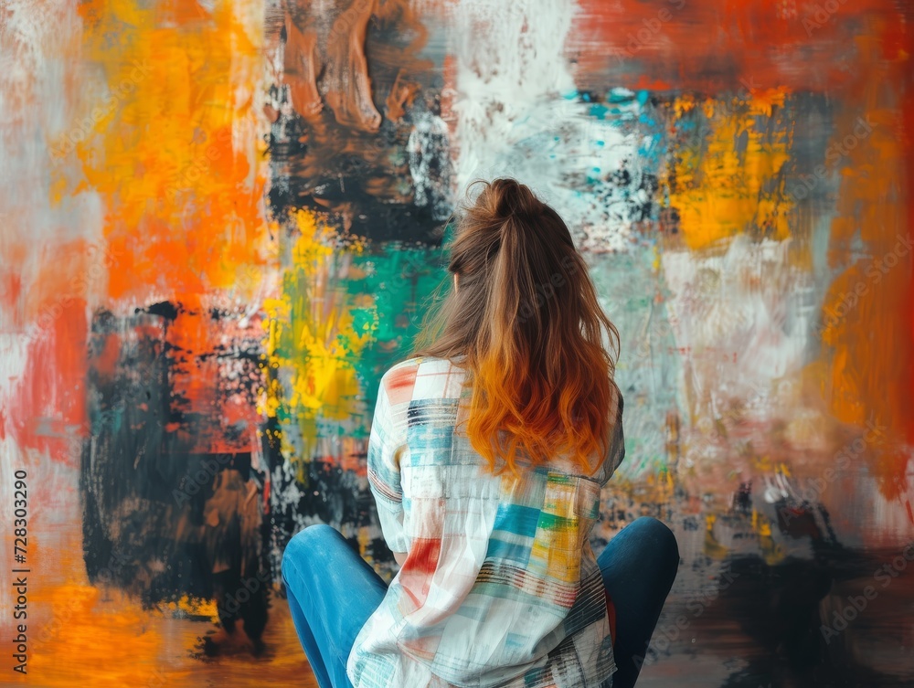 woman sitting and painting on wall