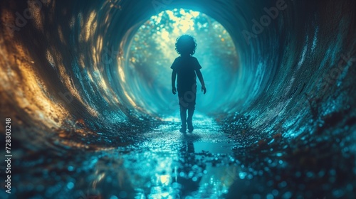 boy walking through a dark tunnel