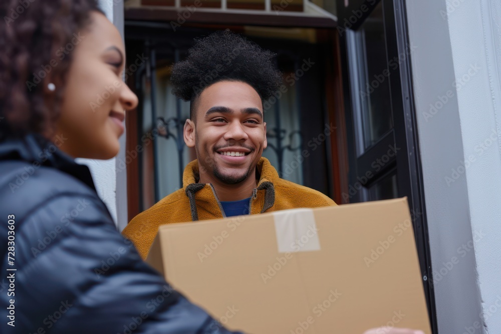 Front view of a cheerful multiracial young man at the doorway receiving a cardboard box from a courier worker. Front view of a cheerful multiracial young man at the doorway receiving a cardboard box from a courier worker.