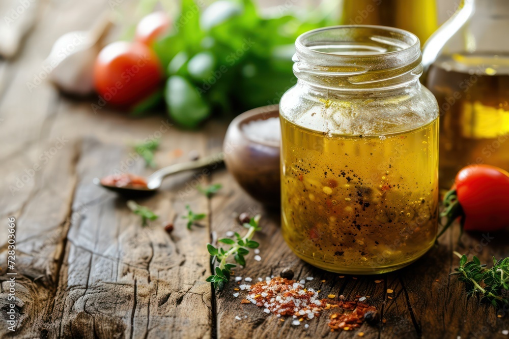 Front view of a jar filled with vinaigrette dressing on rustic wooden table. Front view of a jar filled with vinaigrette dressing on rustic wooden table.