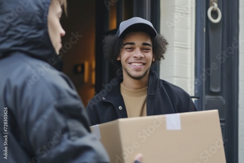 Front view of a cheerful multiracial young man at the doorway receiving a cardboard box from a courier worker.
