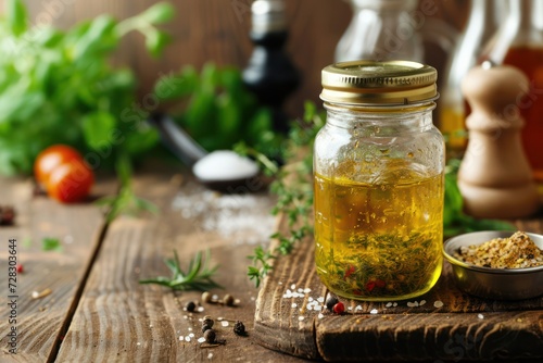 Front view of a jar filled with vinaigrette dressing on rustic wooden table. 