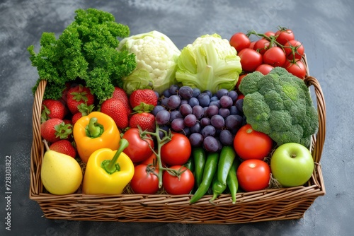 Fruits and Vegetables Basket. High Angle View