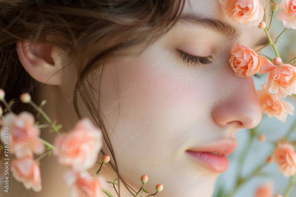 A young woman's face, immersed in the fragrance of a bouquet of delicate rosebuds
