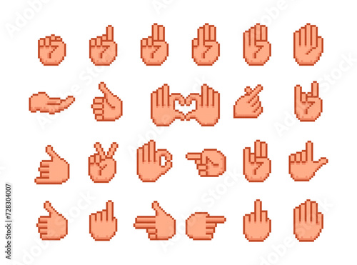 Pixel hands gestures icons set. 8 bit pixel art hand.