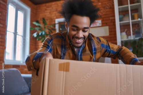 Low angle view of a cheerful multiracial young man at home opening a cardboard box and putting out a cobalt blue running long sleeve top mens.  photo