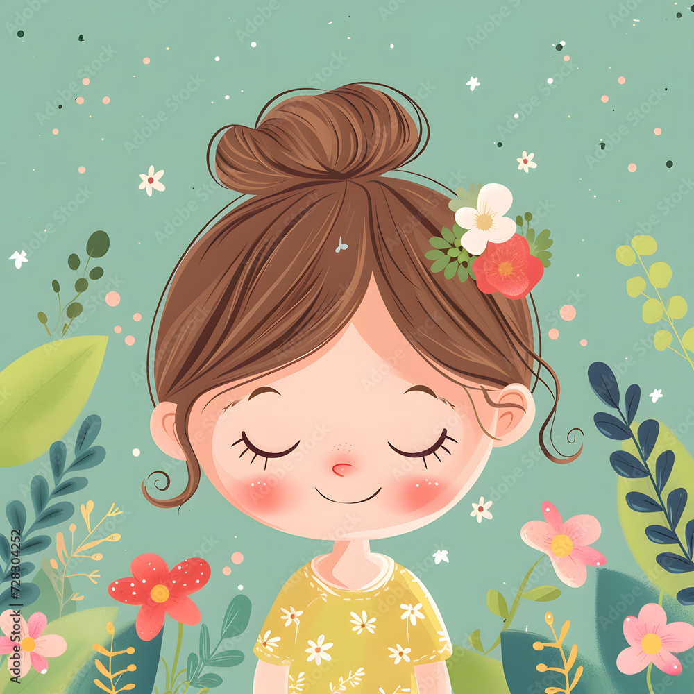 Cartoon background of little girl with flower in the garden.
