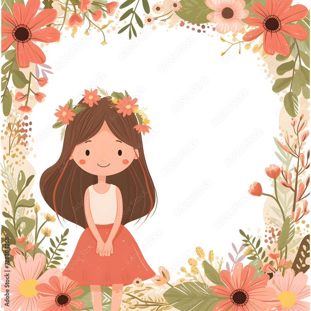 Cute cartoon little girl in the garden frame border on background in flat style. Cute cartoon little girl in the garden frame border on background in flat style.