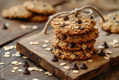 Pile of homemade oatmeal cookies with chocolate chips upon a cutting board on rustic wooden table