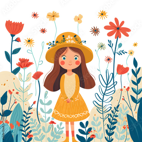 Cartoon background of little girl with flower in the garden.