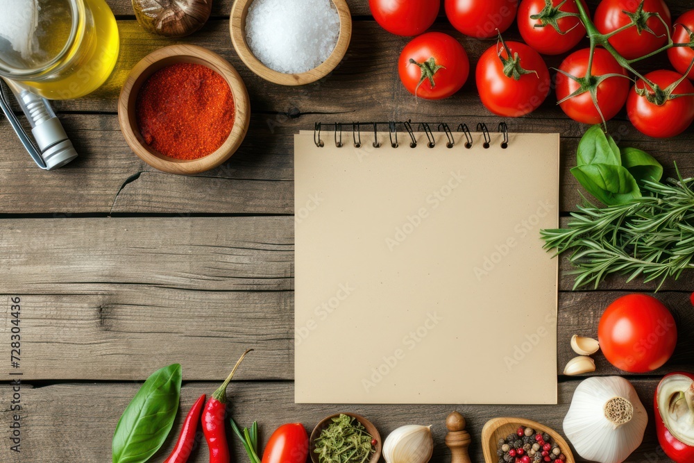 Recipe Notepad with Ingredients on Wooden Table, Copyspace on Notepad Recipe Notepad with Ingredients on Wooden Table, Copyspace on Notepad
