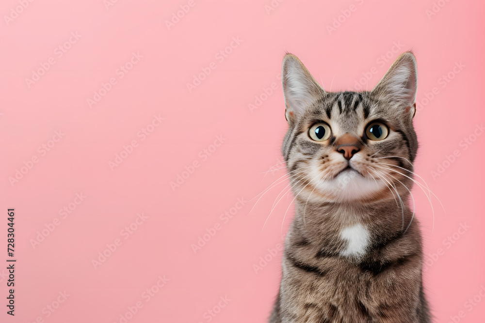 Cute cat making funny faces on pastel background.