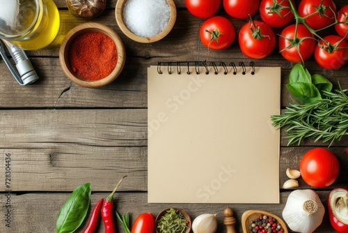Recipe Notepad with Ingredients on Wooden Table, Copyspace on Notepad
