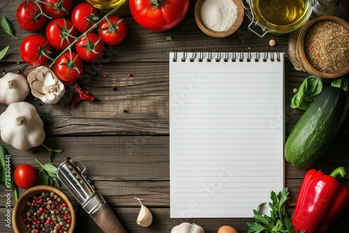 Recipe Notepad with Ingredients on Wooden Table, Copyspace on Notepad 