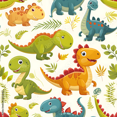 Cute dinosaur cartoon seamless pattern on background. © Pacharee