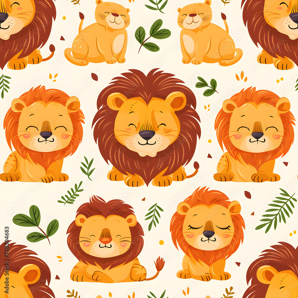 Fototapeta premium Cute lion cartoon seamless pattern on background.