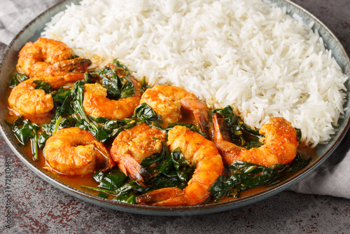 Shrimp curry cooked in a spinach, cream, spices, tomato, and ginger served with rice closeup on the plate on the table. Horizontal photo