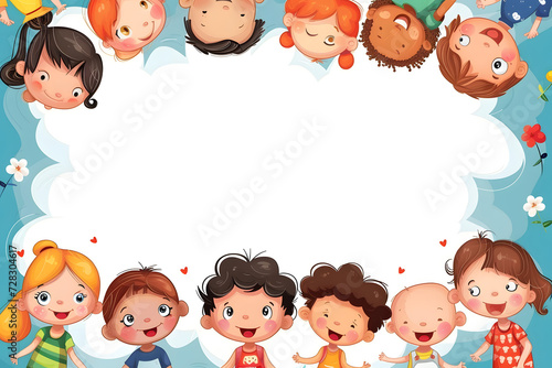 Cute cartoon of children frame border on background in flat style.