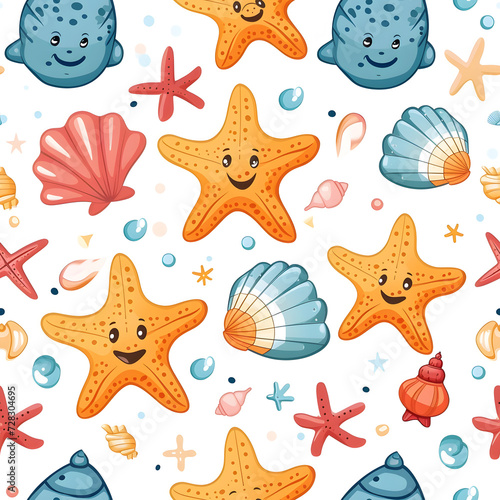 Cute starfish and seashell seamless pattern on background.