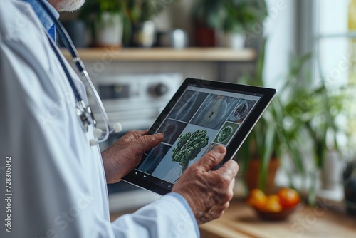 Medical professional analyzing radiological scans and images on a tablet in a modern healthcare setting. photo