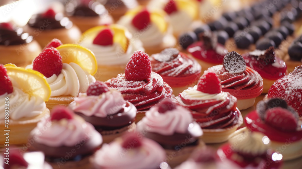 A close-up view of a stunning array of French patisserie delights