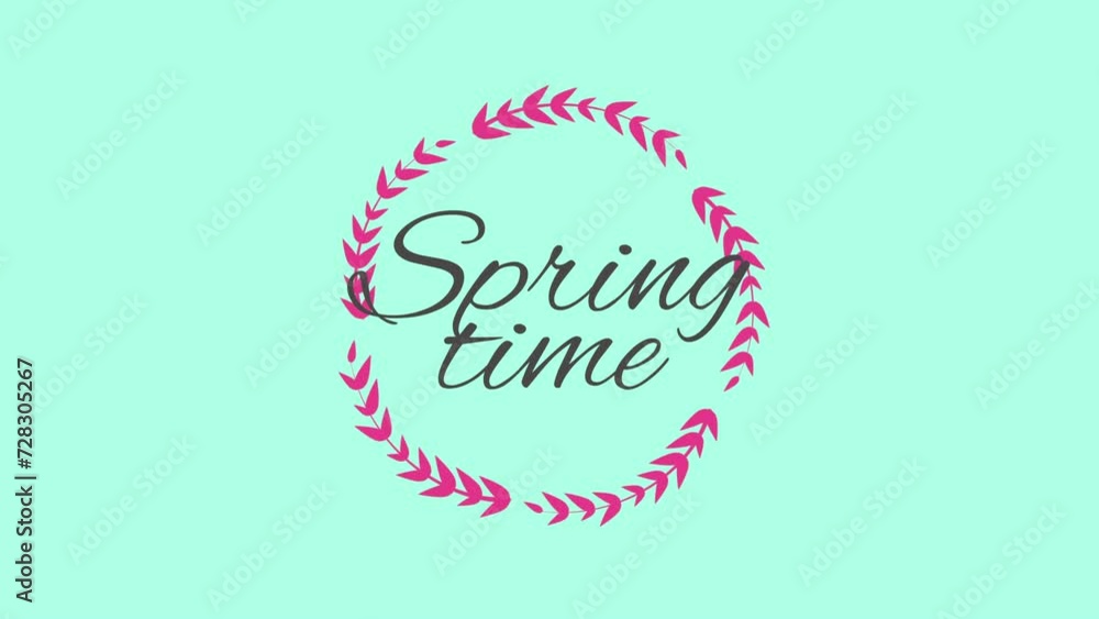 The Spring Time logo showcases a charming wreath of pink and green leaves, embracing the words Spring Time in an elegant, curvaceous font The Spring Time logo showcases a charming wreath of pink and green leaves, embracing the words Spring Time in an elegant, curvaceous font