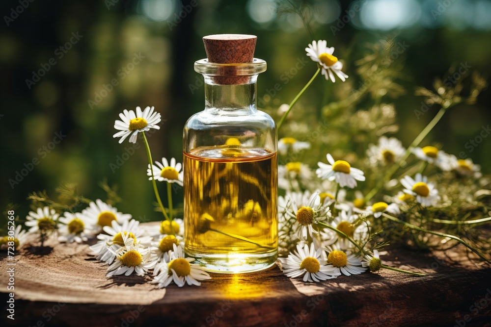Spa concept glass bottle of essential oil with fresh chamomile flowers for beauty treatment Spa concept glass bottle of essential oil with fresh chamomile flowers for beauty treatment