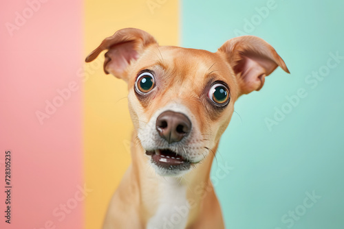 Cute dog making funny face on pastel background.