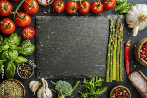 Top view of an empty stone tray with copy space on top surrounded by vegetables like asparagus, and cherry tomatoes, some spices 