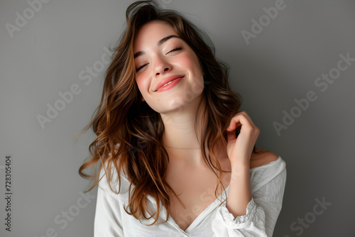 Beautiful young woman smiling in studio shot background. © Pacharee
