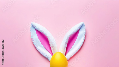 Springtime Festivity: Vibrant Yellow Easter Egg and Rabbit Ears on a Pink Backdrop