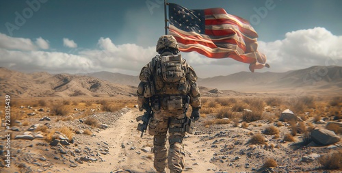 Warrior Walking with Flag A Tribute to Veterans Generative AI