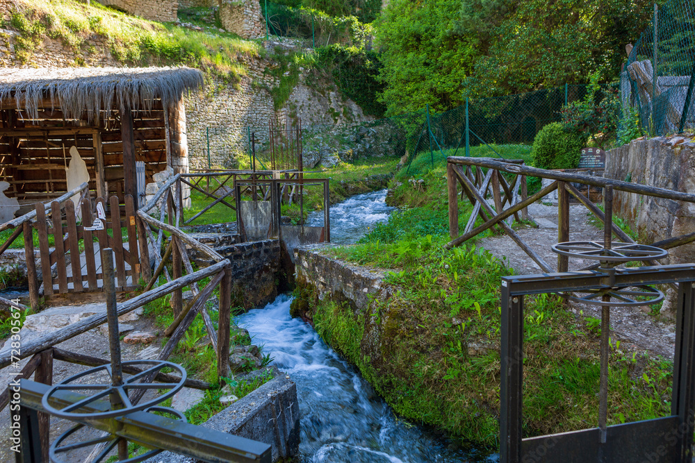 Rasiglia in the province of Perugia, municipality of Foligno. The town crossed by the Menotre river. Rasiglia in the province of Perugia, municipality of Foligno. The town crossed by the Menotre river.
