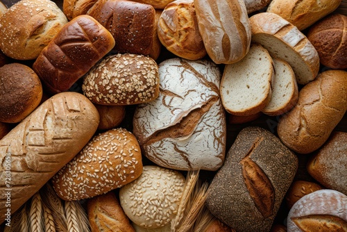Top view of various kinds of breads like brunch bread, rolls, wheat bread, rye bread, sliced bread, wholemeal toast, spelt bread and kamut bread.