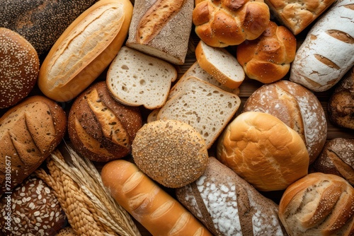 Top view of various kinds of breads like brunch bread  rolls  wheat bread  rye bread  sliced bread  wholemeal toast  spelt bread and kamut bread. 
