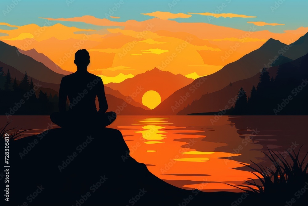 Serene Meditation at Sunset: Silhouette Against Tranquil Mountain Lake Generative AI Serene Meditation at Sunset: Silhouette Against Tranquil Mountain Lake Generative AI
